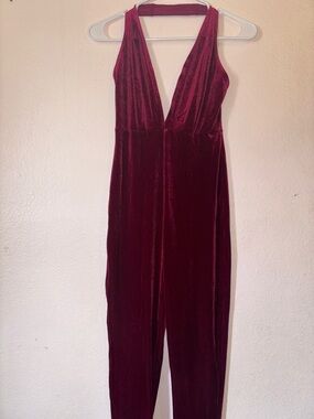 Womans Retro Red Halter Jumpsuit, Capri Length, Suede, Size S